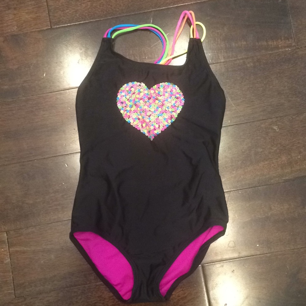 Girls Bathing Suit Black One Piece Braided Strap M